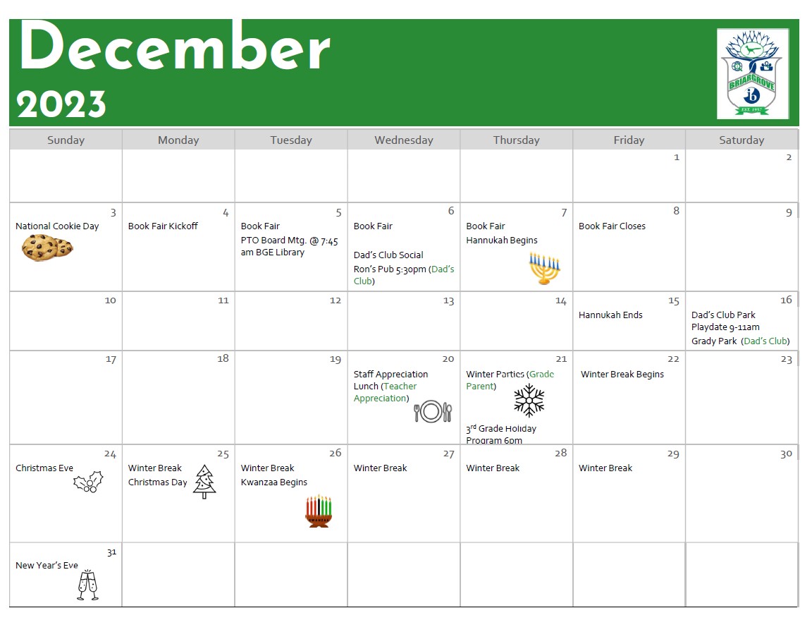 Calendar & PTO Events Briargrove Elementary PTO